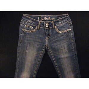 LA Idol USA Womens Jeans Blue Low-Rise Distress 1 Bootcut Flare Rhinestone